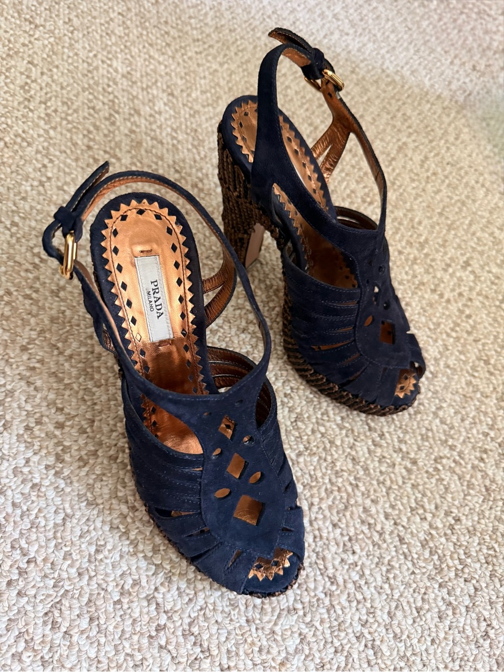 Prada Navy Suede Peep-Toe Slingback Platform Sandals!